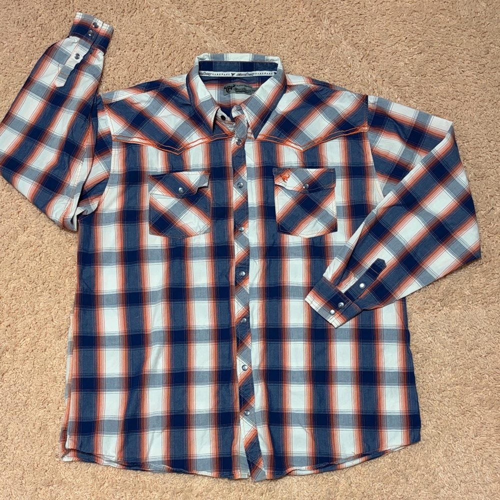 Cowboy Hardware Blue Orange Plaid Western Pearl Snap Long Sleeve Dress Casual XX